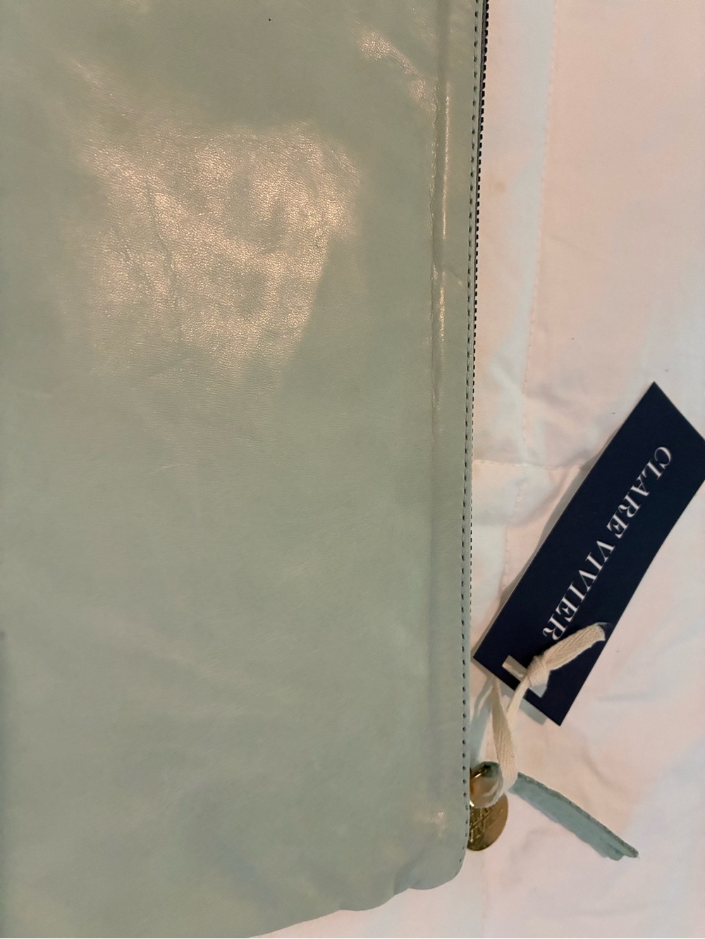 Clare V Light Mint Green Leather Zip Pouch